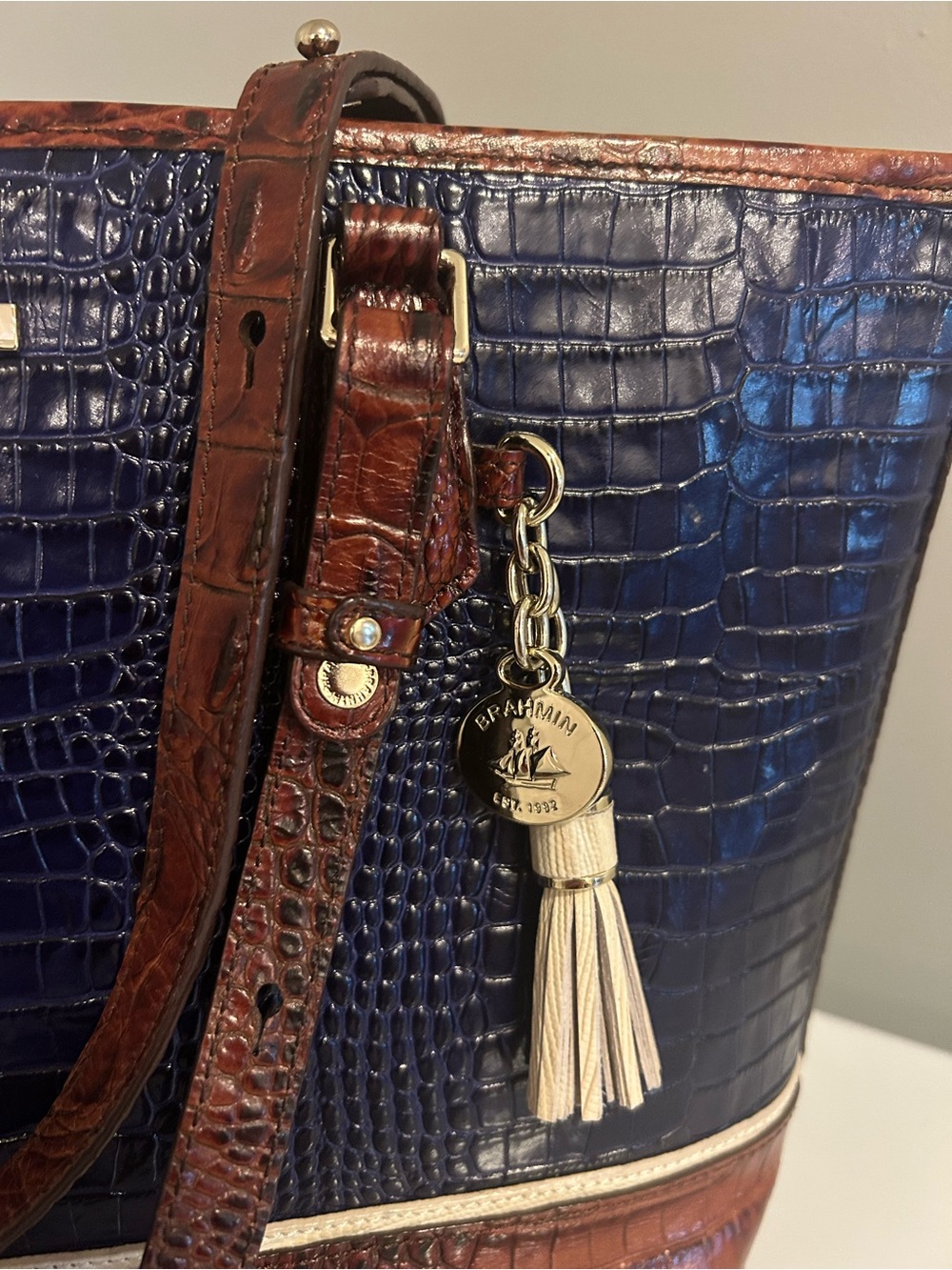 Brahmin Navy and Brown Croc-Embossed Leather Tote with Cream Tassel - Picture 2 of 10